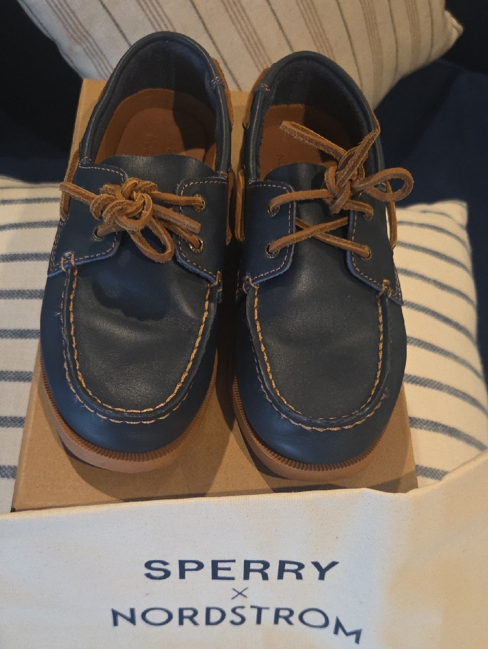 Sperry Kids Navy Leather Boat Shoes with Brown Laces